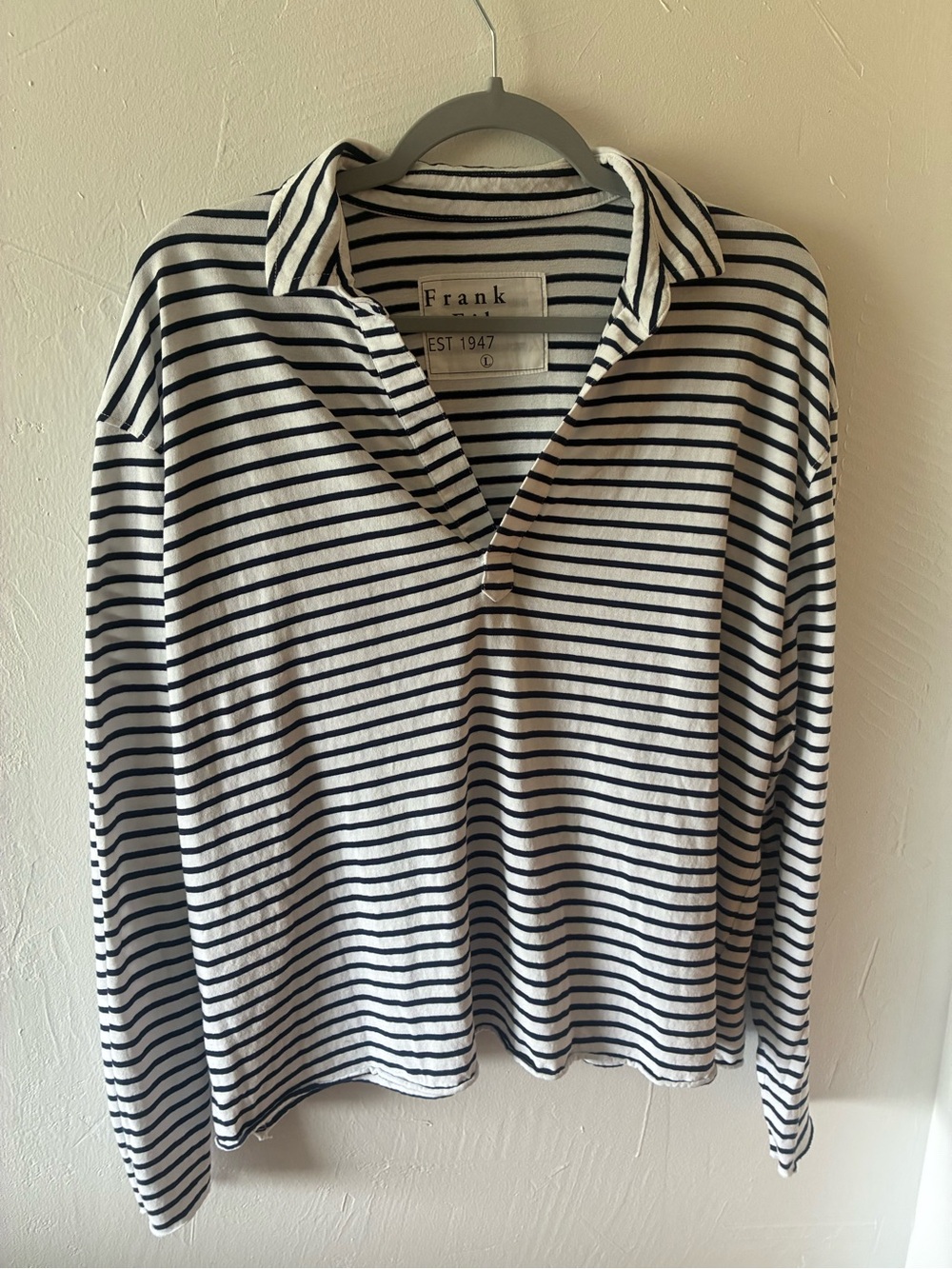 Frank&Eileen Patrick Popover Henley Polo Navy and White Stripe Large